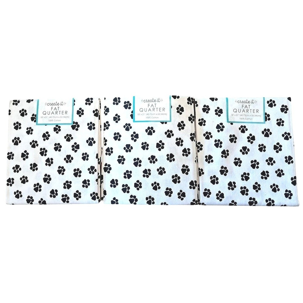 Pet Lover Create It Fat Quarter Fabric 3pc Bundle White Black Paw Print Cotton